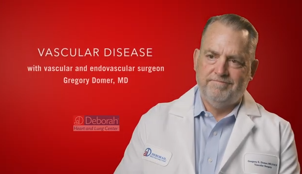 red graphic that reads Vascular Disease with vascular and endovascular surgeon Gregory Domer, MD and includes the Deborah logo and a headshot of a white male physician in a lab coat