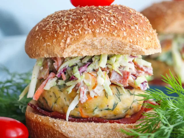 Dill Chicken Burgers with Bacon Broccoli Slaw