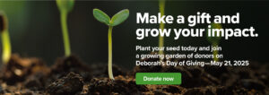 banner with a seedling in dirt that says 'make a gift and grow your impact'